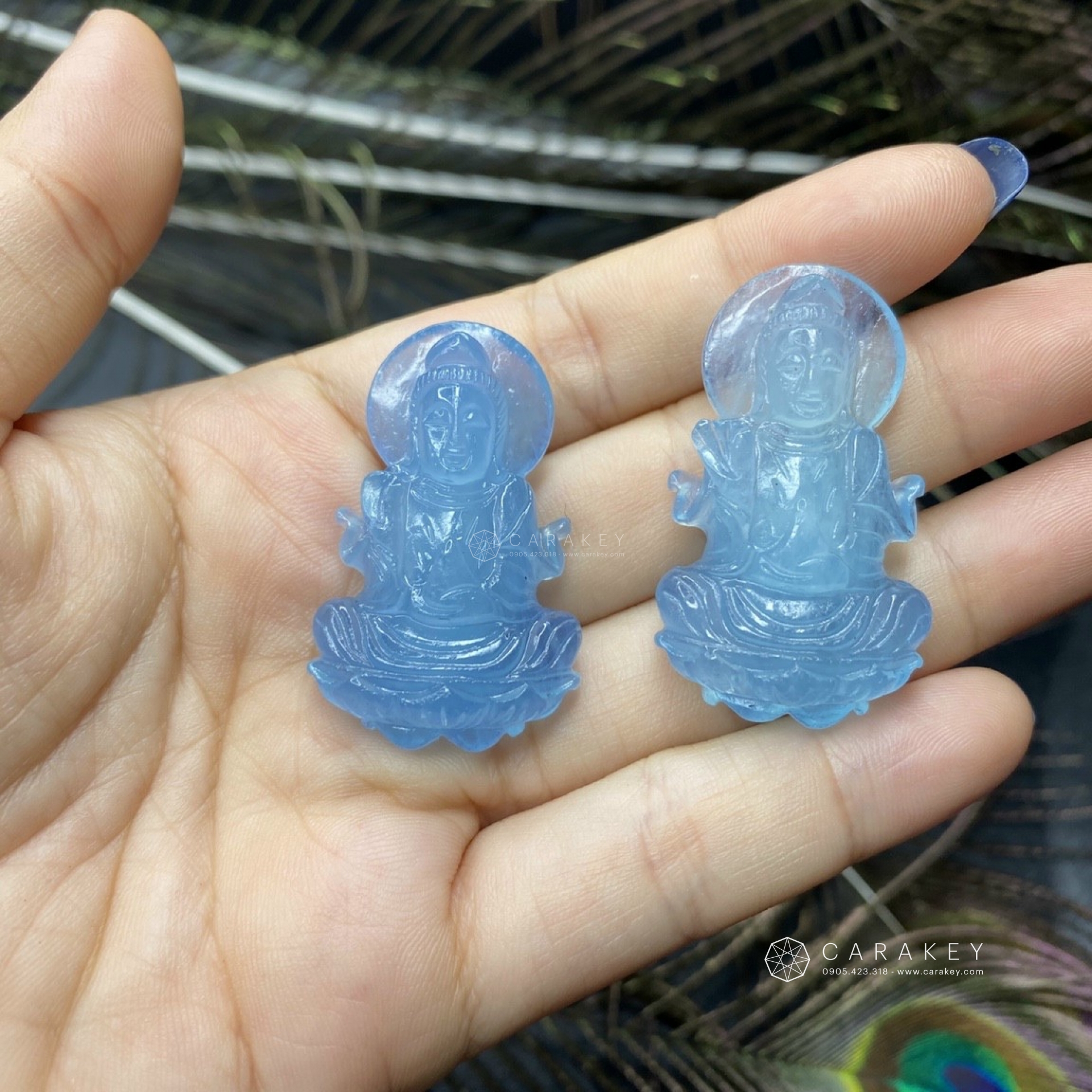 Mặt dây chuyền phật quan âm hào quang đá aquamarine